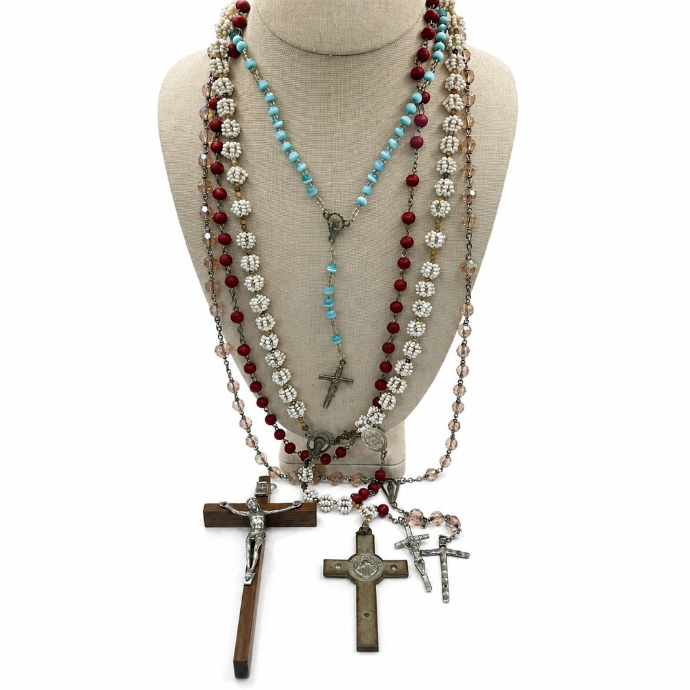 Vintage Catholic Rosary Crucifix Lot St Benedict Cross Beaded Religious Jewelry
